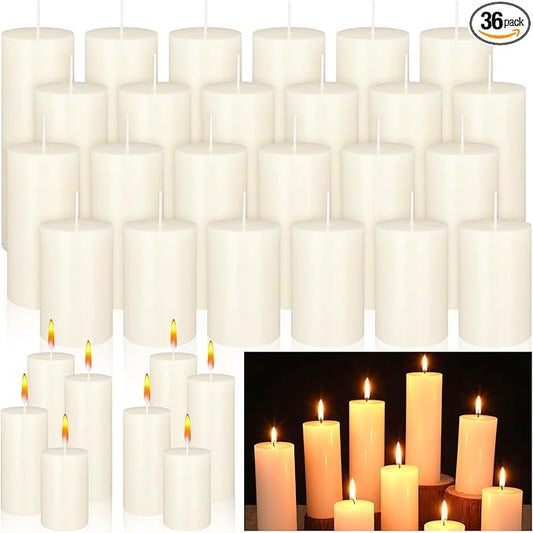 MTLEE 36 Pcs Pillar Candles Bulk Unscented Candle Set 38 Hour Long Burning Dripless for Dinner Emergency Wedding Spa Party(4 Sizes,Beige)