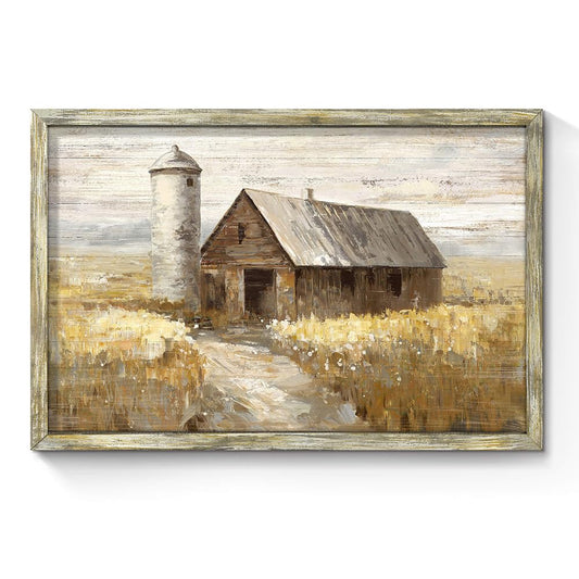 Barn Wall Art Wood Print: Rustic Wheat Fields Framed Picture Rural Farmhouse Artwork Harvest Countryside Scene Painting Horizontal Vintage Farm Art for Gallery Living Room Bedroom Kitchen