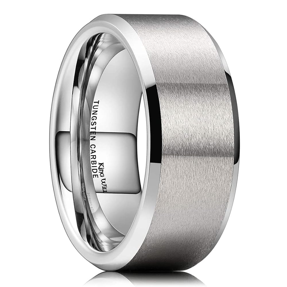 King Will Silver 9mm Men's Wedding Ring - Brushed Matte Finish, Beveled Polished Edge, Comfort Fit Size 9.5