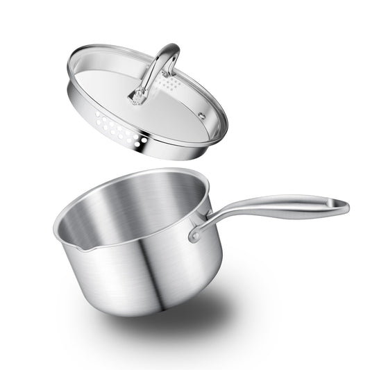Leetaltree 2.5 Quart Stainless Steel Saucepan with Glass Strainer Lid, Thicken Tri-ply Ful Body, Multipurpose Sauce Pot with Two-Size Drainage Holes Lid, Perfect For Boiling Gravies, Pasta, Noodles