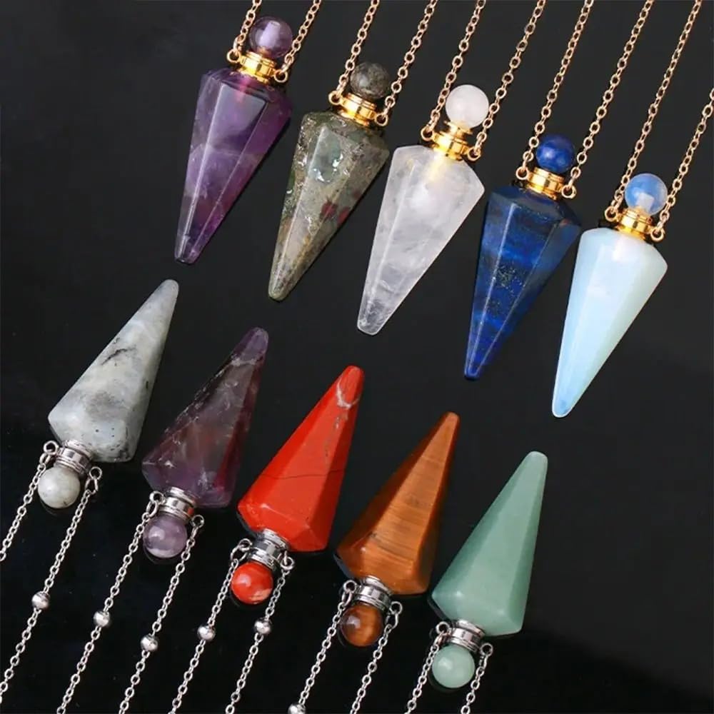 925 Sterling Silver Essential Oil Necklace For Women And Men, Natural Crystal Stone Cone Shape Pendant Necklace Healing Perfume Bottle Necklace Essential Oil Pendant Necklace (6 - Essential Oil Necklace)