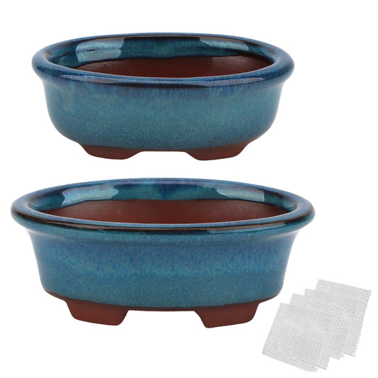 Bonsai Planter Succulent Small Glazed Pots, Value Pack of 2 + 4 Soft Mesh Drainage Screens