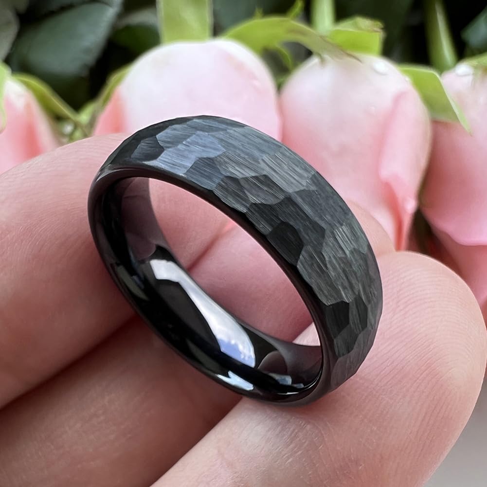 TUTISS 6mm Black Hammered Tungsten Rings for Men Women Fashion Engagement Wedding Bands Domed Matte Finish Comfort Fit Size 7