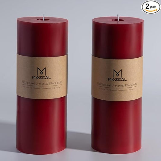 MOZEAL 4" x 10" Extra-Large Dark Red Pillar Candles (Set of 2), Unscented,Dripless, Smokeless,Long Clean-Burning,These Tall 10 inch Large Red Pillar Candles Perfect for Weddings and Christmas Decor