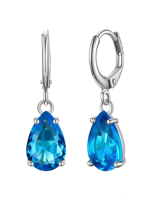 Bestyle Created Blue Topaz Drop Birthstone Earrings for Women -Small Silver Teardrop Dangle Earrings for Women - Dainty Cute Earrings Gift for Birthday Mother's Day Wedding Party