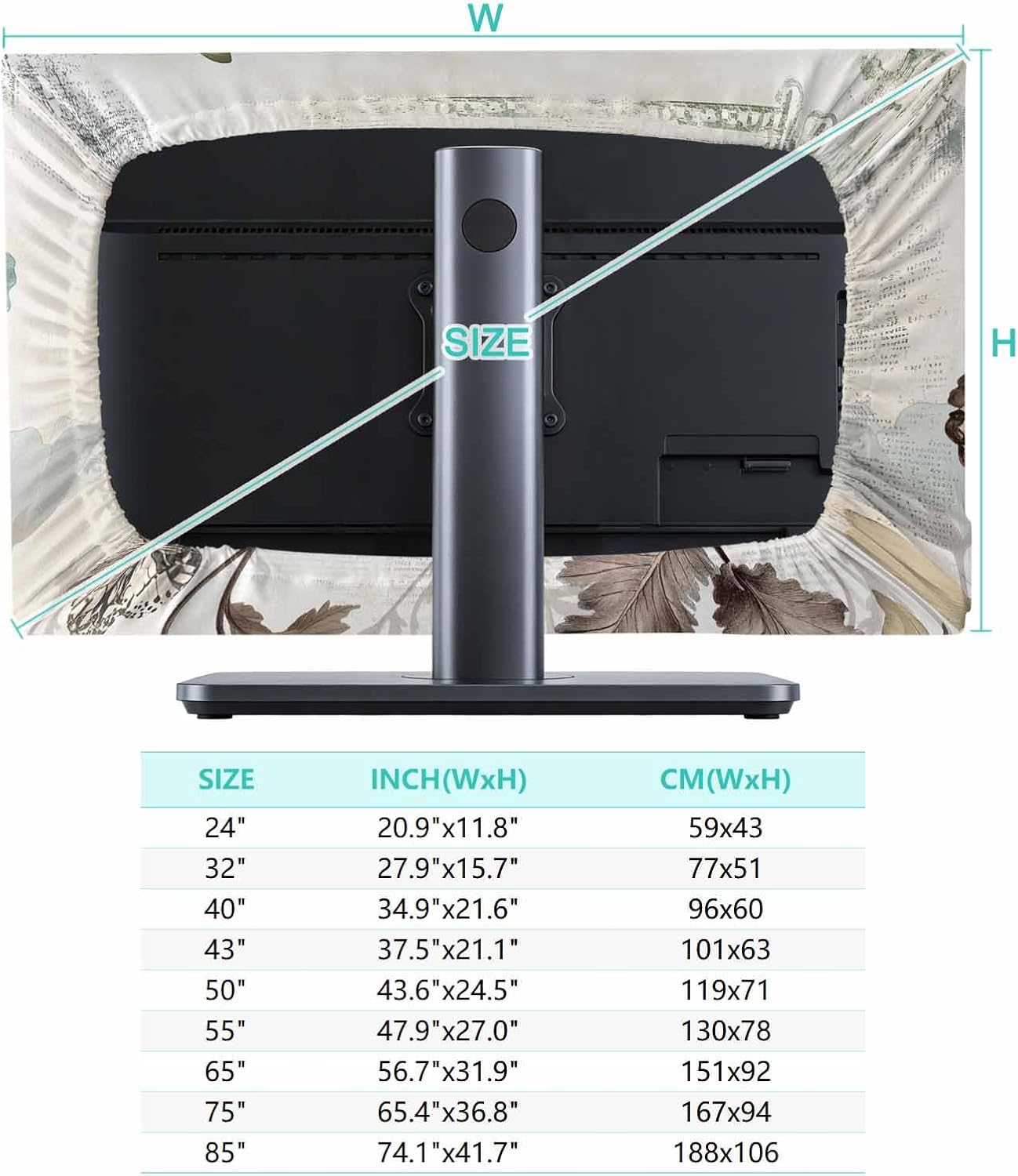 Singingin 65 Inch, Teal Broccoli TV Dust Cover Rustic Farmhouse Flower Leaf Victorian Style Computer Monitor Cover