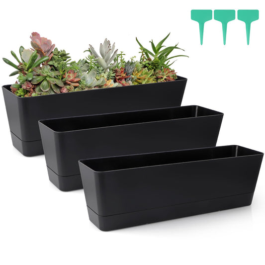Skelang 3 Pcs Rectangular Plant Pot, 16.7" Flower Planter Box with Drainage Hole, Windowsill Container with Tray for Succulents, Cacti, Herbs, Black