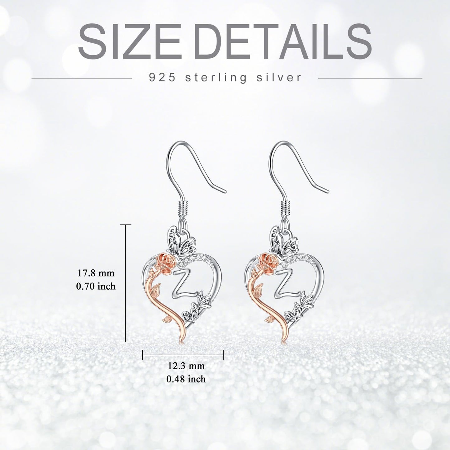 TOUPOP Rose Heart Initial Earrings Sterling Silver Butterfly Earring Initial Z Letter Drop Dangle Earrings Jewelry Anniversary Birthday Mothers Day Gifts for Women Mom Wife Girlfriend Her