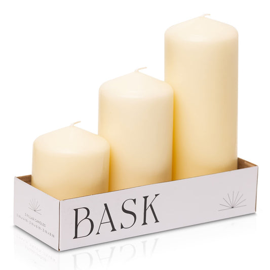 Bask Cone Top Pillar Candles - Elegant Ivory Candles - Set of 3 Ivory Pillar Candles - 3"x4", 3"x6", and 3" x8 - Smokeless and Dripless Decorative Candles for Home Decor and Relaxation