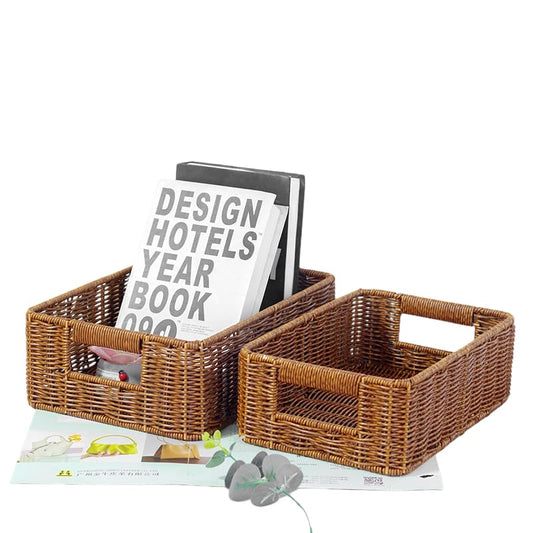 ANQIAOS Plastic Storage Baskets for Shelves and Cabinets, Pantry Baskets Organization and Storage, Wicker Storage Baskets for Organizing, Water-Resistant and Durable(Set of 2, Dark Brown)