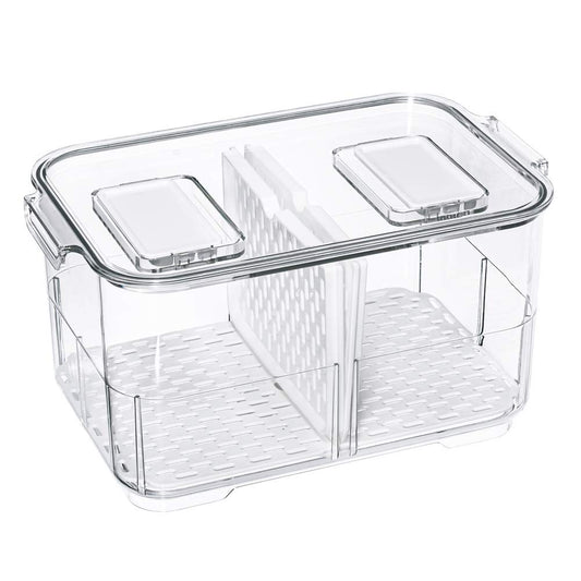 SANNO Fridge Food Storage Containers Produce Saver FreshWorks Produce Food Storage Container Bin Stackable Refrigerator Kitchen Organizer Keeper, with Removable Drain Tray to Keep Fresh