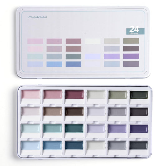 Fuumuui Watercolor Paint Set- 24 Color Opaque Semi-Moist Watercolor Paint, Gray Palette Sets Professional Adult Beginner Artist Supplies for Realistic Landscape Portrait Art Painting