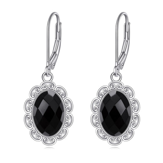 Black Onyx Drop Earrings for Women Sterling Silver Filigree Dangle Leverback Earrings Jewelry Gifts