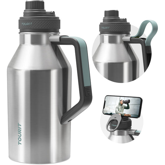 TOURIT 64oz Insulated Water Bottle Stainless Steel, Half Gallon Large Water Jug with 2-in-1 Handle, Double Wall Vacuum Metal Keep Cold & Hot, Wide Mouth Sport Water Flask For Gym, Travel, Silver