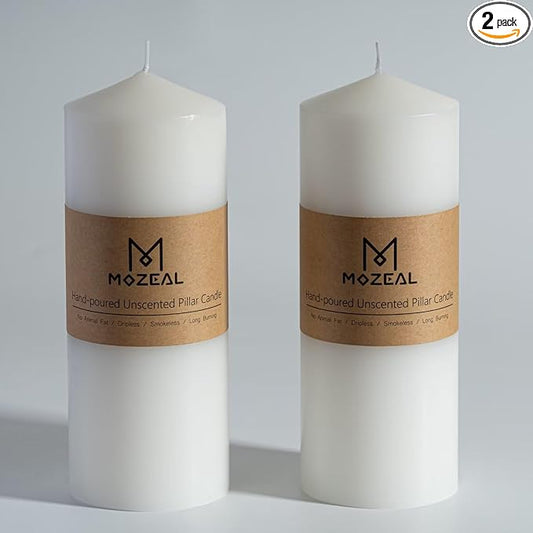 MOZEAL 3" x 8" Hand-Poured Unscented Candles,Large White Pillar Candles Set of 2,No Drip,Approx 120 Hours Long Burning,Wedding,Dinner,Christmas and Home Decor（3 Inch Diameter 8 Inch Height）