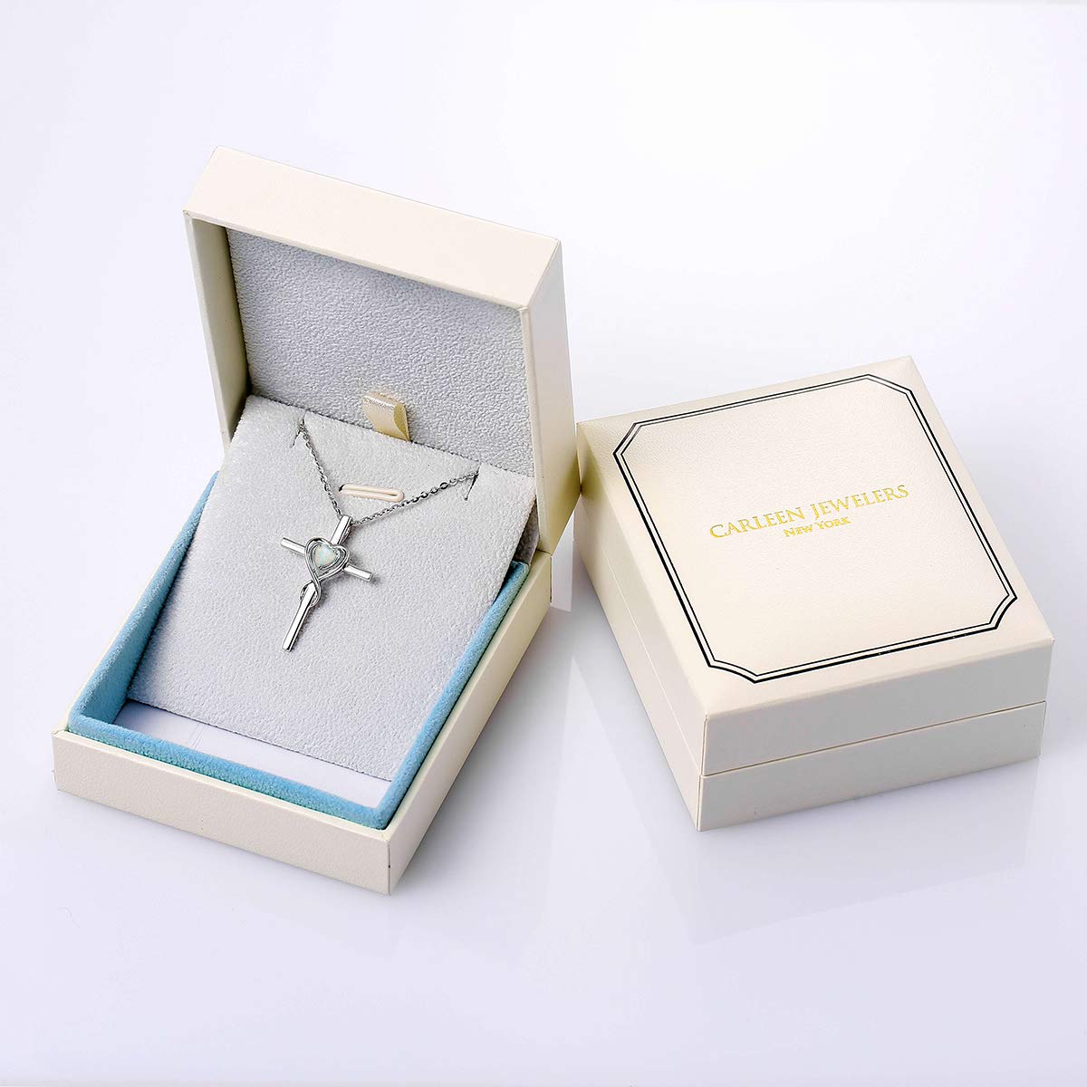 FANCIME Opal Cross Necklace For Women Sterling Silver Birthstone Created Opal Necklace Infinity Heart Cross Pendant October Birthstone Jewelry Gifts for Women