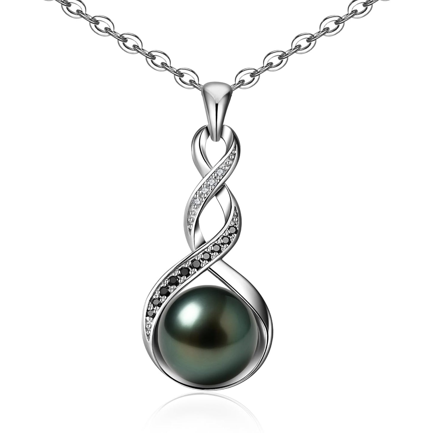Genuine Tahitian Black Pearl Necklace - Christmas Gift for Wife Mom Daughter, Jewelry Gifts for Anniversary Wedding Birthday, 9-10mm Seawater Pearl with Sterling Silver Moissanite Infinity Pendant