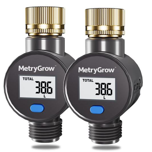 Water Flow Meter with Brass Inlet, Measuring Gallon/Liter Consumption and Flow Rate for Outdoor Garden Hose Watering, RV Essentials Water Tank Filling, Sprinkler and Nozzle Sprayer (2 Pack)