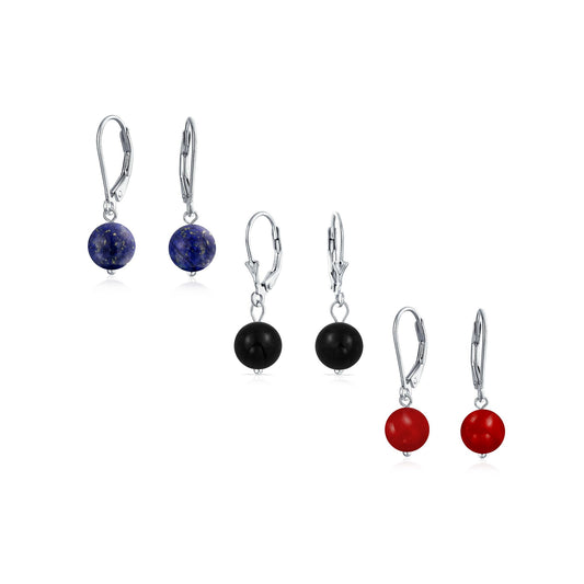 Bling Jewelry Timeless .925 Sterling Silver Navy Blue Lapis Lazuli, Black Onyx & Red Carnelian Bead 8mm Ball Drop Earrings Secure Lever Back Genuine Gemstone (Set of 3)