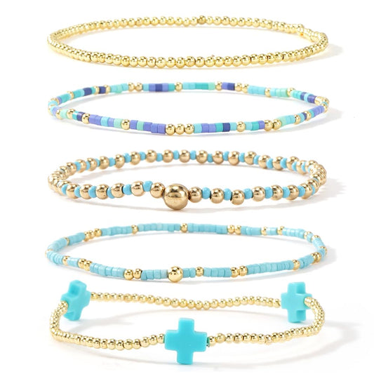 Bohxantium Gold Beaded Cross Bracelets Stack for Women, Blue Boho 5PCS Stackable Stretch Set with 14K Gold Beads - Waterproof Non Tarnish Jewelry for Beach Summer Party Christian Faith Friendship Gift