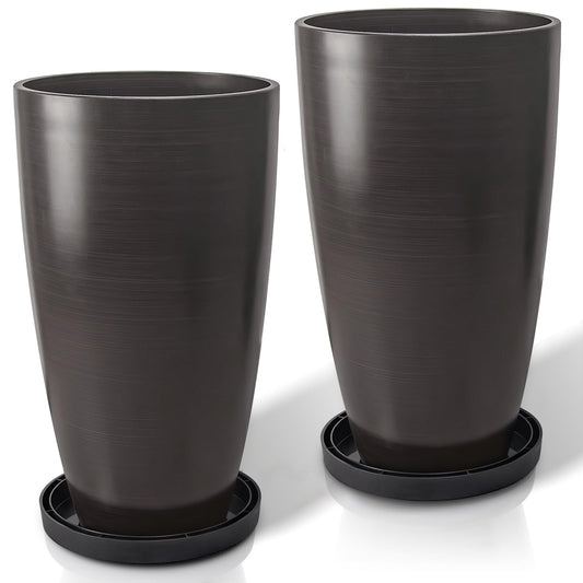 ZMTECH 21 Inch Tall Outdoor Planters Set of 2 Round Tall Plant Pots for Outdoor/Indoor with Shelf Inset, Dark Brown Glossy Smooth Finish - Large Plastic Pots with Drainage Holes for Front Porch Patio