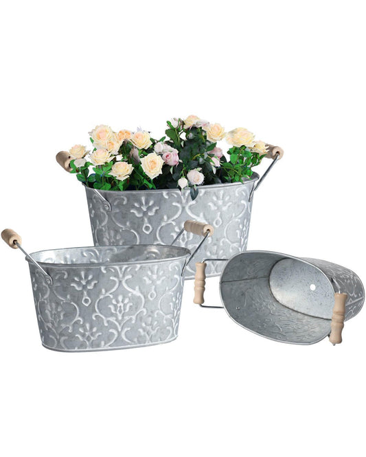 Galvanized Metal Oval Planter Buckets with Handles – Set of 3 Rustic Farmhouse Flower Tubs with Drain Holes & Plugs, Vintage Small Pots for Herbs, Succulents, Wedding or Tabletop Decor (Flower style)