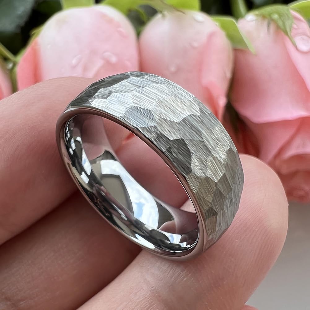 TUTISS 8mm Hammered Tungsten Rings for Men Women Fashion Engagement Wedding Bands Domed Matte Finish Comfort Fit Size 10