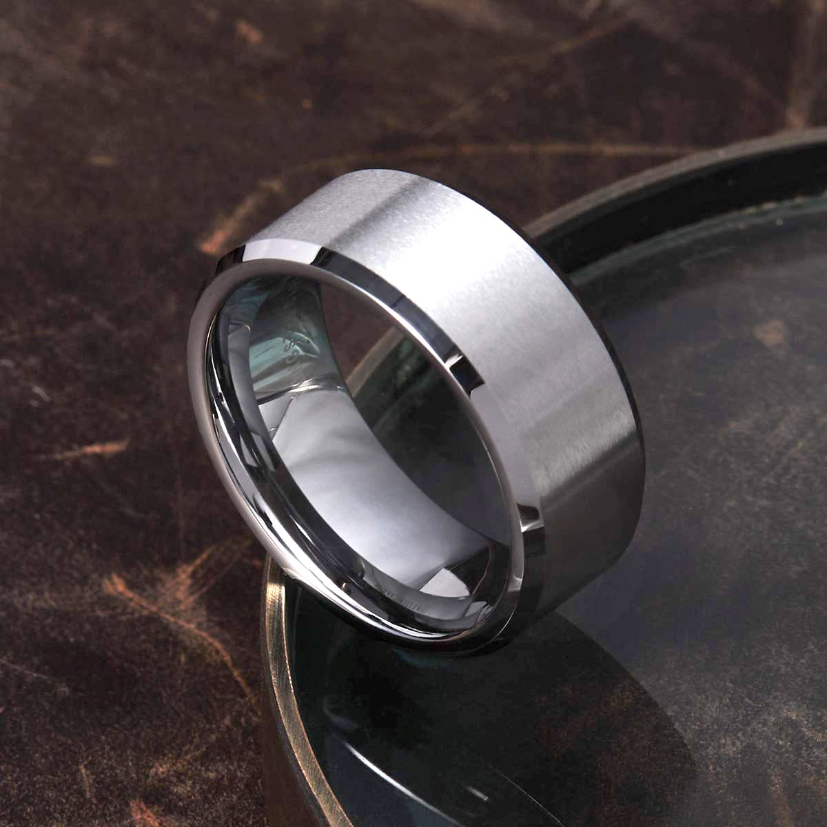 King Will 8mm Men's Silver Wedding Ring - Brushed Matte Surface, Beveled Polished Edge, Comfort Fit Size 9