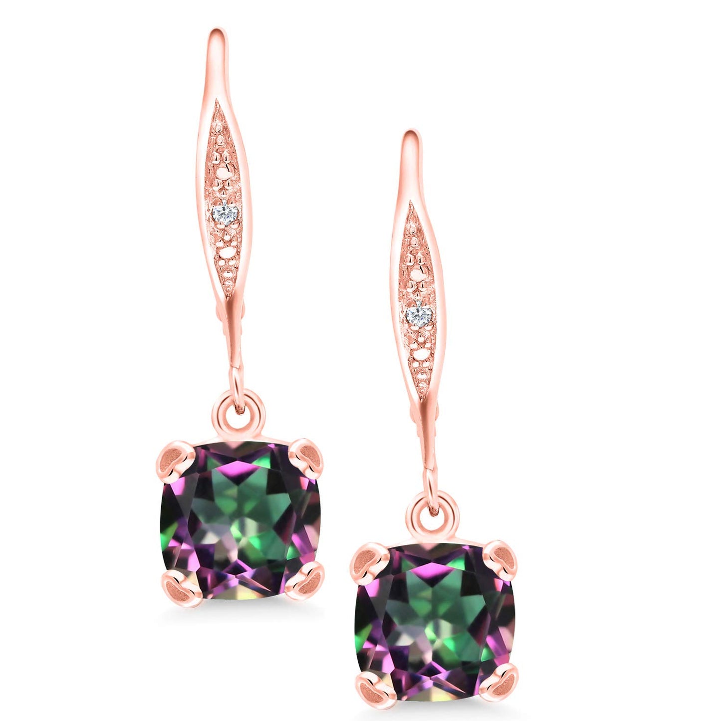 Gem Stone King Drop Dangle Earrings For Women | 7MM Cushion Cut Gemstone Birthstone and Diamond | 925 Sterling Silver | Jewelry Gift for Mom Wife Her | Green Mystic Topaz | Rose Gold