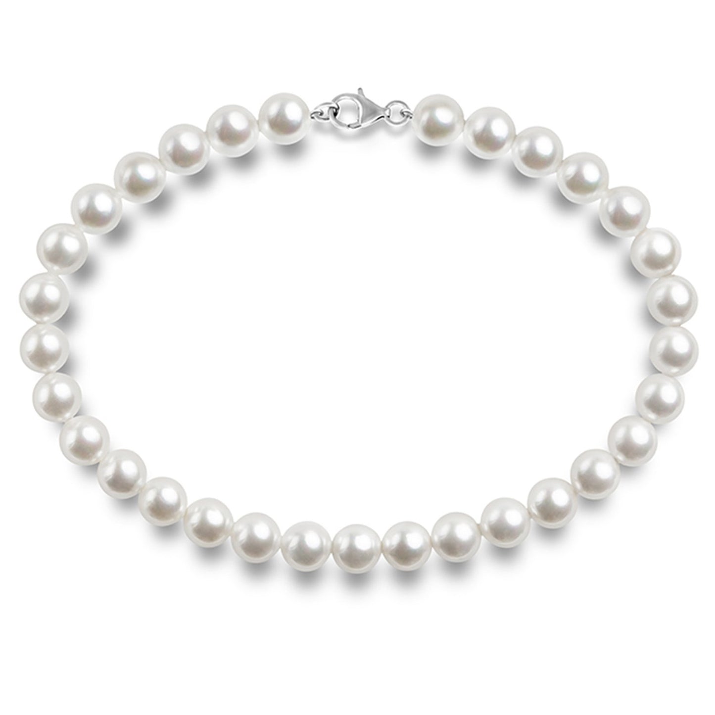PAVOI 925 Sterling Silver Round White Simulated Shell Pearl Necklace Strand | Pearl Choker Necklace | Jewelry for Women - 16" Length (8mm)