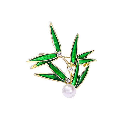 Bamboo Leaf Pearl Brooch for Women Enamel Pearl Green Leaves Pins Dress Accessories Party Birthday Anniversary Jewelry for Mother Wife
