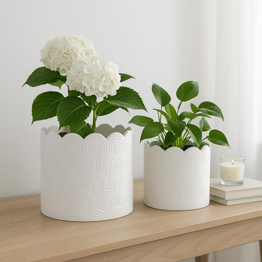 Ceramic Flower Pots and Planters for Home Decor – Indoor or Outdoor Plant Pots Perfect for Succulents, Herbs, and Orchids – Decorative Pots for Living Room, Bedroom, or Office Set of 2 – 10", 8" White