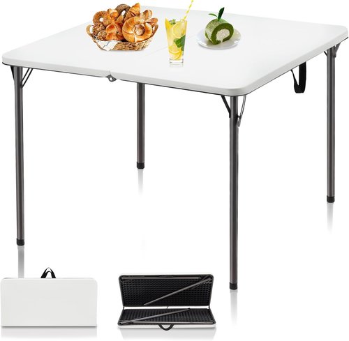Kasunpul Folding Table - Portable 34" Square Card Table with Collapsible Legs & Carrying Handle | Ideal for Camping, Picnics, and Parties - White