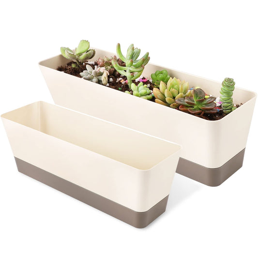 2 Pack Window Box Planter, Suream 12x3.8 Inch/16x3.8 Inch Indoor Succulent Pots with Tray, Plastic Rectangle Plants, Cactus Containers for Office, Windowsill, Garden Balcony, Porch Outdoor Decoration