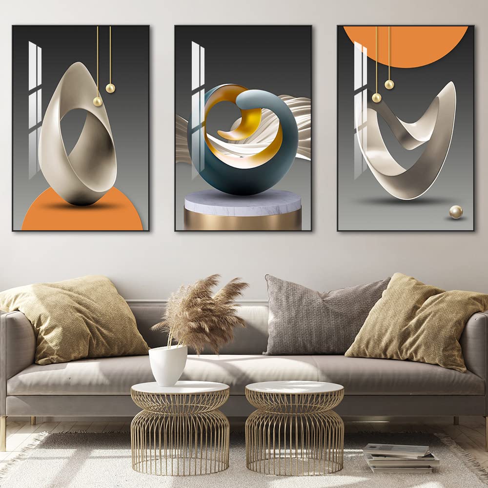 MPLONG Bright Style Large Framed Wall Art, Abstract Modern Art Shape Pattern White Blue Yellow Grey Wall Art Artfully Matching Living Room Bedroom Office Wall Decor - 24"x 32"x 3 Panels