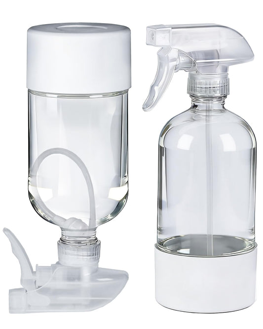 2 Pack 360° Glass Spray Bottles with Silicone Sleeve, 16 oz Empty Refillable Containers with Adjustable Spray Nozzles, Spray Bottles for Hair, Cleaning Solutions and Plants White