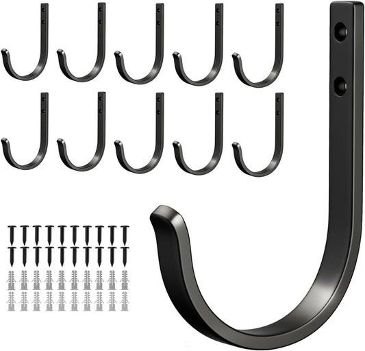 Niffgaff 10-Pack Outdoor Wall Hooks - 30LB Metal Hangers for Coats, Towels, and Backpacks | Black