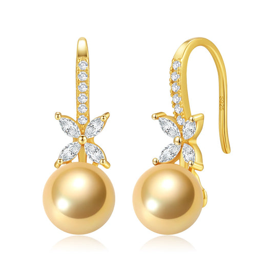 BAMIKI Pearl Drop Earrings for Women - 925 Sterling Silver 18k Gold Plated Hypoallergenic Golden Saltwater Cultured Pearls Ear Hook Earrings with Cubic Zirconia Jewelry Gifts for Mother Wife