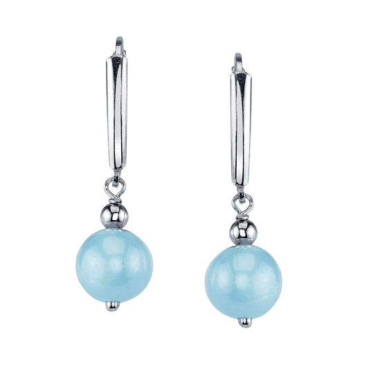 Belacqua Round Natural Blue Milky Aquamarine Drop Earrings in Sterling Silver, Closure - Leverback, Size - 8.0-9.0mm, Jewelry for Women, Gift Box Included