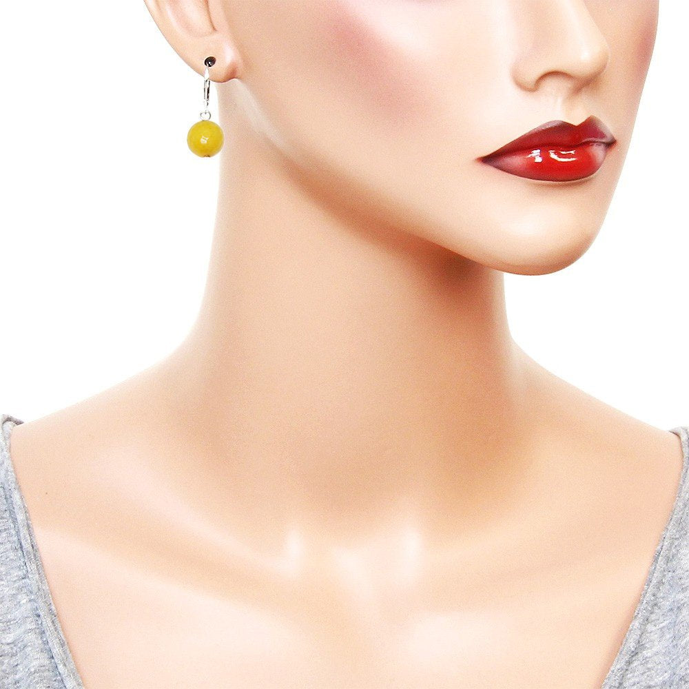 Falari 10mm Round Natural Stone Earring High Polished Rhodium Leverback Yellow Agate