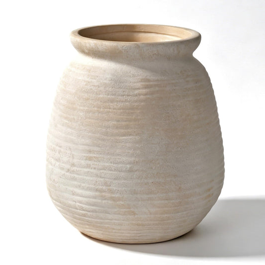 Sawoake Rustic Terracotta Pot, 7 Inch Short Farmhouse Vase with Weathered Texture Vintage-White, Boho Home Decor for Pampas Grass, Tabletop, Mantel and Shelf Styling