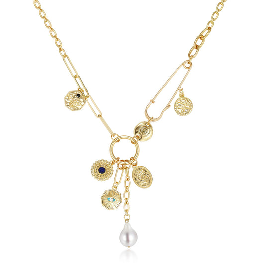 BONJOULRY Charm Necklace for Women Gold Evil Eye Pearl Blue Beads Coin Pendant Necklace Dainty Paperclip Chain Vintage Luck Amulet Choker Necklaces Celestial Jewelry Gift