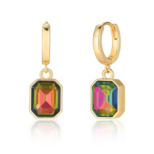 Birthstone Crystal Dangle Drop Earrings, 18K Gold Plated Huggie Hoop Hypoallergenic Earring Jewelry Gifts for Women (Vitrail Medium)