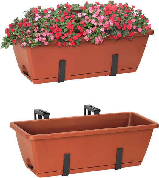 FANSXIVITA Railing Planter Boxes for Plants, 2 Pack Deck Hanging Planters for Railings, Over Railing Planter Box, 16.9 Inch Balcony Planters Railing Hanging with Metal Brackets, Red