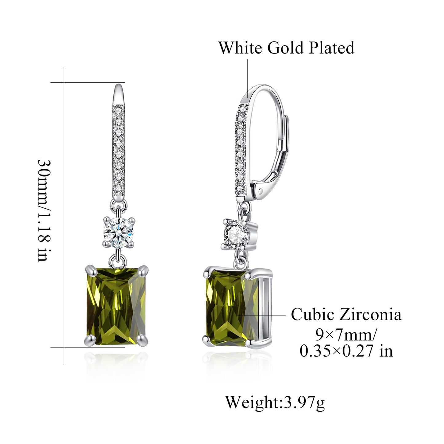 CiNily Leverback Earrings for Women Rectangular-cut Drop Dangle Earring Hypoallergenic, 14K White Gold Plated Olive Green Cubic Zircon Earrings Diamond Dangle Ear Rings Jewelry Birthday