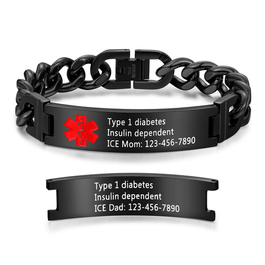 Bijouweled Medical Alert Bracelet for Women Men 7.5 to 9.8 Inches Emergency ID Bracelets Free Engraving Personalized Medic Alert Bracelet for Adult (Black 7.5-9.8inch 3 sizes)