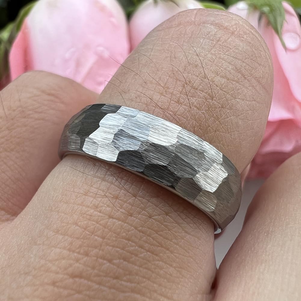 TUTISS 6mm Hammered Tungsten Rings for Men Women Fashion Engagement Wedding Bands Domed Matte Finish Comfort Fit Size 9