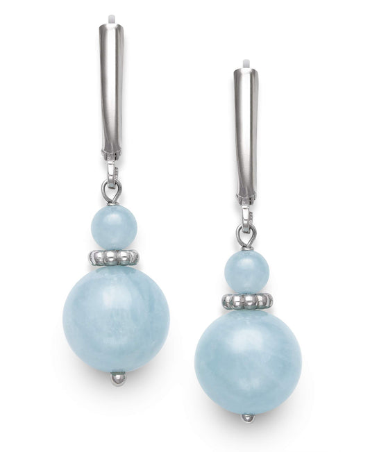 Belacqua Sterling Silver Natural Round Milky Blue Aquamarine Gemstone Beaded Dangle Drop Earrings for Women, Length : 1.5 Inches, Leverback, Gift Box Included