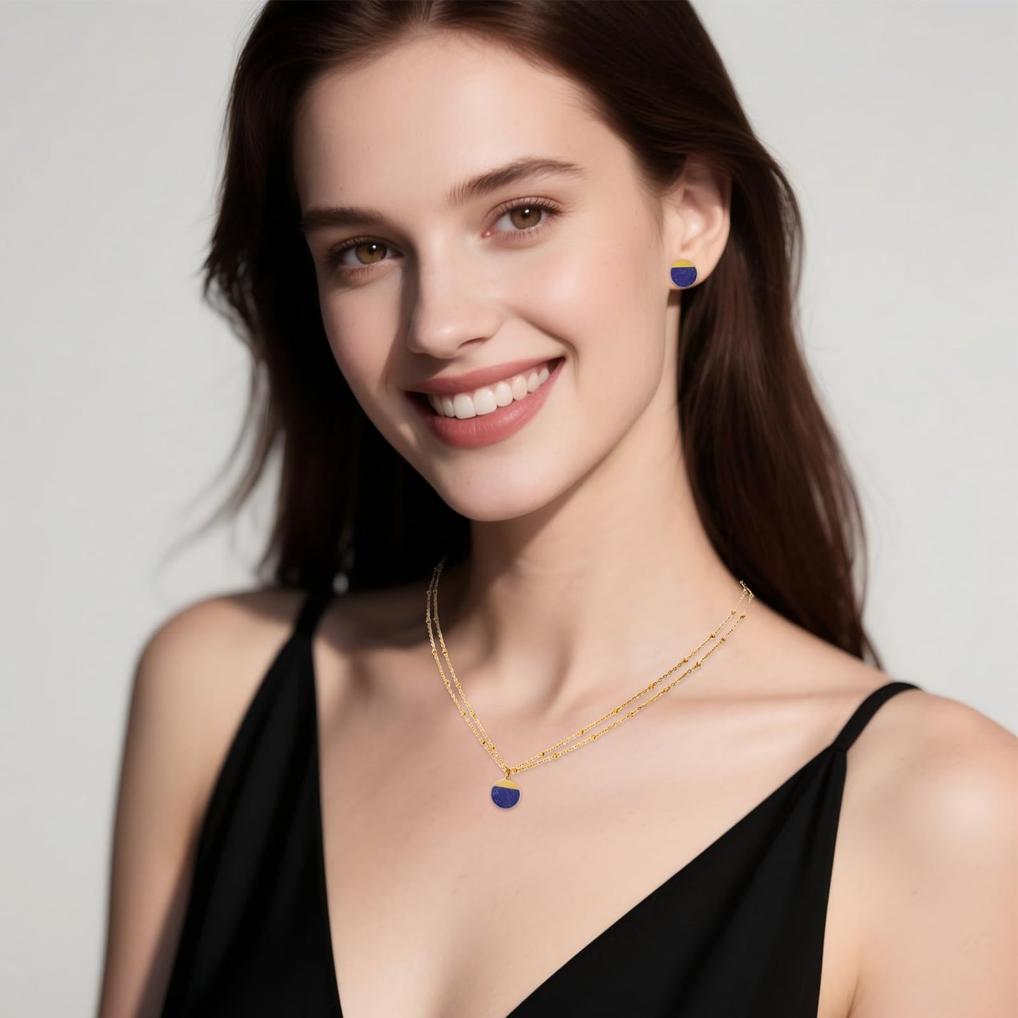 TaYolnFaSo Natural Lapis Lazuli Jewelry Set for Women 18K Gold Plated Lapis Lazuli Stud Earrings Double Chain Necklace Set Dainty Jewelry Gift