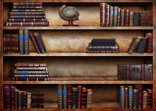 BELECO 7x5ft Fabric Old Bookshelf Backdrop Brown Wooden Bookcase Hardcover Books Globe Background Students Teachers